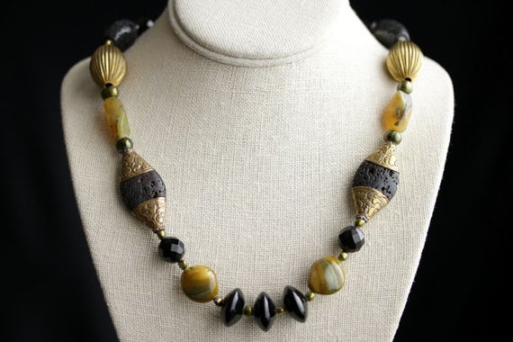 Vintage Necklace. Olive Green Necklace. Lava Rock