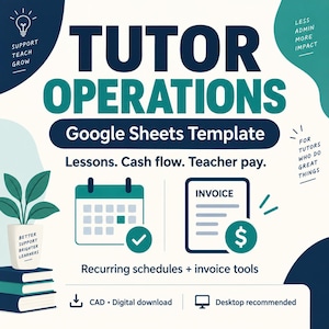 May include: A digital Google Sheets template for tutor operations featuring the text Tutor Operations, Lessons, Cash flow, Teacher pay, and Recurring schedules + invoice tools. Includes icons of a calendar, invoice, and a potted plant on books.