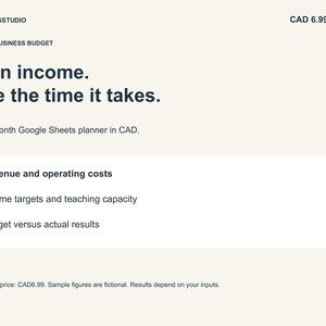 Peut inclure: Un planificateur de budget pour tuteurs sur Google Sheets de 12 mois avec du texte bleu foncé sur un fond crème clair. Le texte indique : ELIWANGSTUDIO, TUTOR BUSINESS BUDGET, Plan income. See the time it takes., A 12-month Google Sheets planner in CAD.