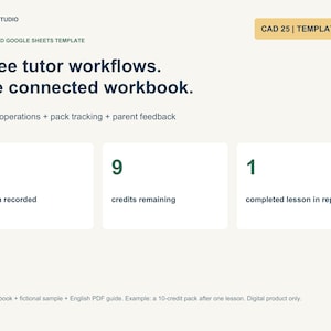 May include: A digital Google Sheets template for tutor workflows featuring the text ELIWANGSTUDIO, Three tutor workflows. One connected workbook., Lesson operations + pack tracking + parent feedback, and three boxes showing lesson recorded, credits remaining, and completed lesson in report.