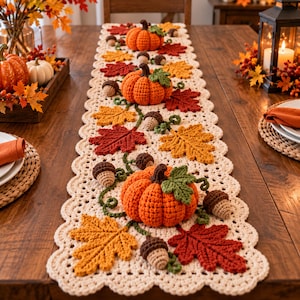Peut inclure: Un chemin de table en crochet de couleur crème avec un bord festonné complexe. Le chemin est décoré de citrouilles orange, de glands marron et de feuilles d'érable rouges, orange et jaunes en relief crochetées le long du centre.