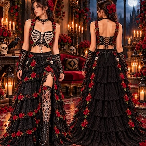 Pode incluir: Um conjunto de duas peças em renda preta com um top curto com design de caixa torácica branca e uma saia longa em camadas. Ambas as peças são adornadas com rosas vermelhas e pequenos detalhes de caveiras, incluindo luvas e uma gargantilha.