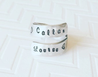 Name Ring - Wrap Ring - Couples Ring - Hand Stamped Ring - Personalized Ring - Gift For Her - Cursive Font - Christmas Gift