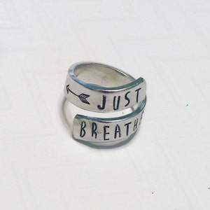 Just Breathe Ring - Silver Wrap Ring - Hand Stamped Ring - Personalized Ring - Gift For Her - Motivational Gift - Skinny Block Font