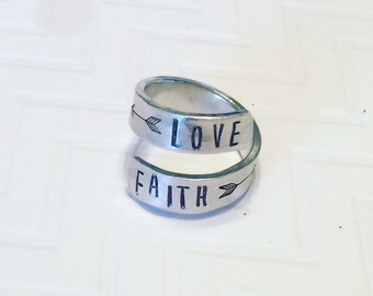 Love & Faith Ring - Silver Wrap Ring - Hand Stamped Ring - Gift For Her - Religious Ring - Skinny Block Font