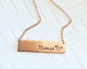 Mama Bird Necklace - Hand Stamped Necklace - Gift For Mom - Gift For Her - Copper Rose Gold Bar Necklace - Script Font