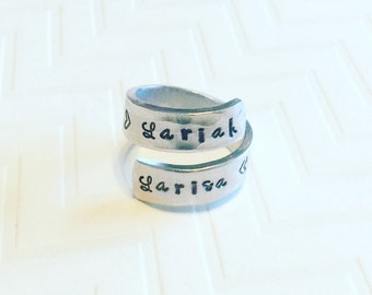 Name Ring - Silver Wrap Ring - Mother Ring - Couples Ring - Hand Stamped Ring - Personalized Ring - Cursive Font