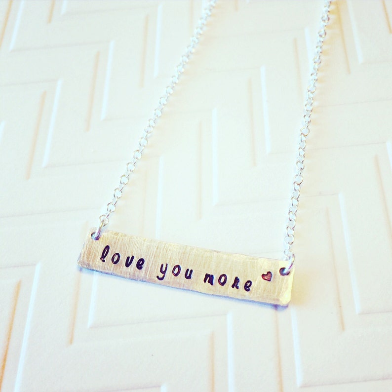 Love You More Silver Bar Necklace Little Girl Hand Stamped Personalized