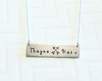 Mother Necklace - Name Necklace - Hand Stamped Personalized - Crossed Arrow - Gift For Her - Mothers Day Gift - Silver Bar Necklace