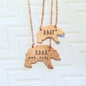 Mama Bear Baby Bear Necklace Set Hand Stamped Mothers Day Gift Gift For Her Gift For Mom Copper Bear Heart Established image 1