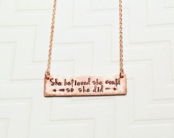 She Believed She Could So She Did - Graduation Gift - Inspirational Gift - Motivational Gift - Gift For Her - Copper Rose Gold Bar Necklace