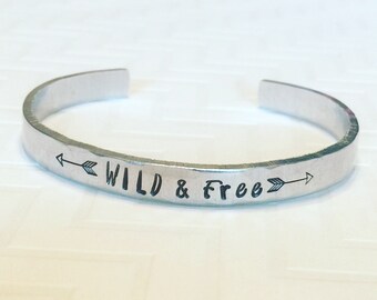 Wild & Free Bracelet - Arrow Bracelet - Thin Silver Aluminum Bracelet - Stacking Bracelet - Hand Stamped Personalized