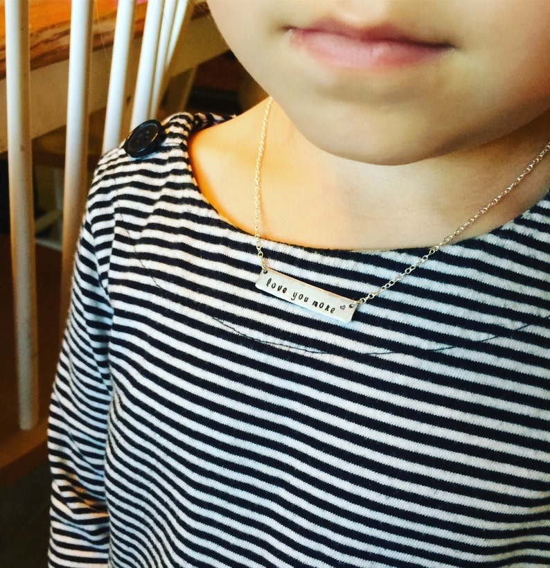 Love You More Silver Bar Necklace Little Girl Hand Stamped Personalized