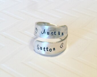 Name Ring - Mother Ring - Wrap Ring - Couples Ring - Hand Stamped Ring - Personalized Ring - Gift For Her - Gift For Mom - Sterling Silver