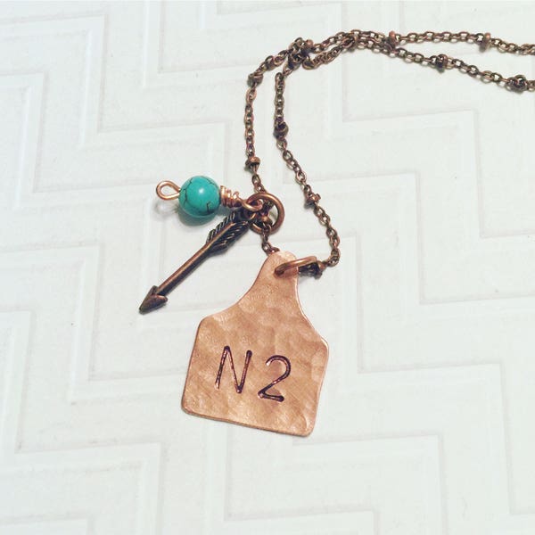 Cattle Brand Necklace - Ranch Brand Necklace  - Ear Tag Necklace - Rustic Necklace - Gift For Her - Copper Cow Tag Necklace