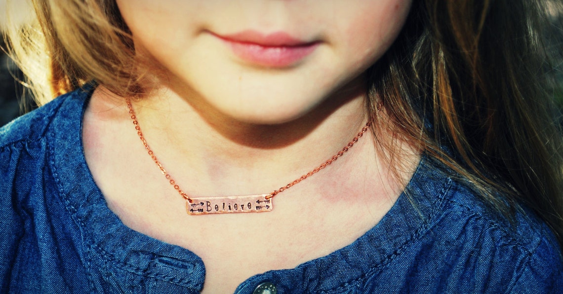 Believe Necklace Little Girl Necklace Copper Rose Gold Bar Etsy