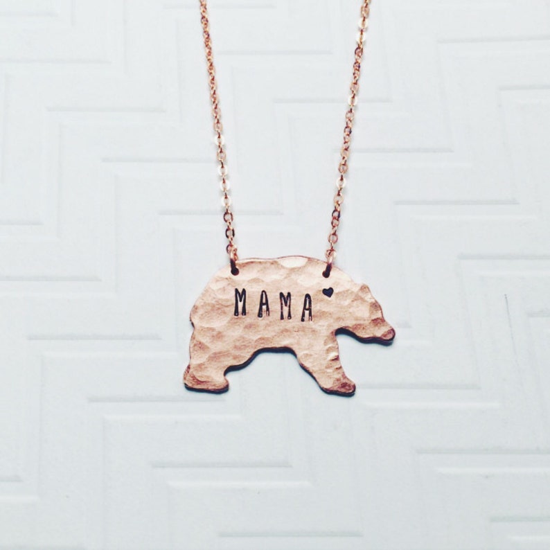 Mama Bear Necklace - Hand Stamped Necklace - Gift For Mom - Gift For Her - Mothers Day Gift - Copper Rose Gold Bear - Heart 