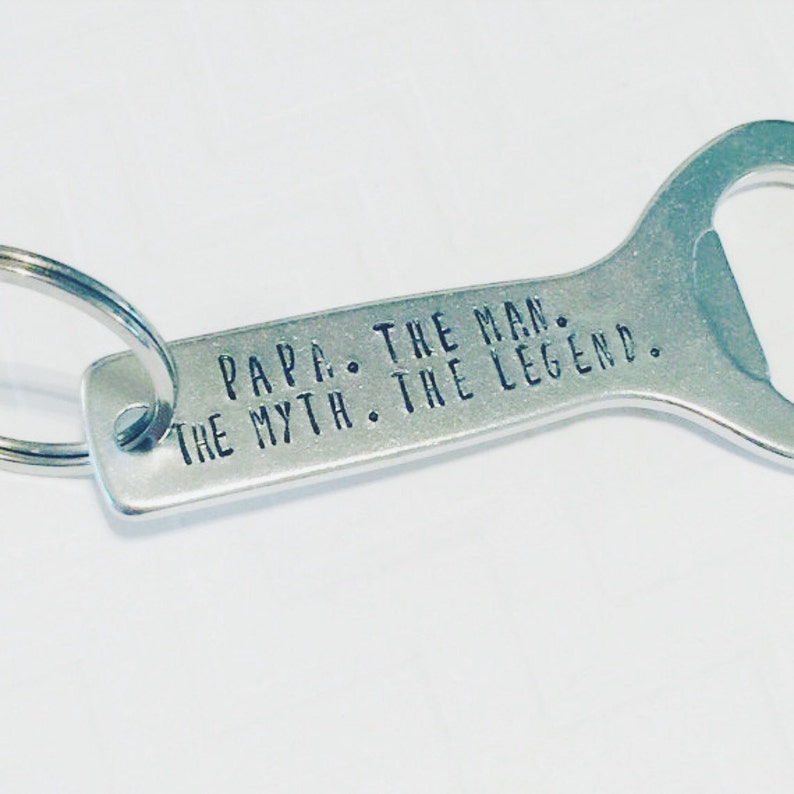 Papa Keychain Papa Bottle Opener Keychain The Man. The Myth. The Legend. Husband Dad Grandpa Hand Stamped Personalized image 2