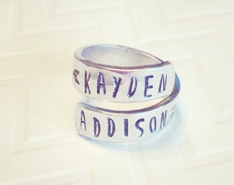 Name Ring - Silver Wrap Ring - Mother Ring - Couples Ring - Personalized Ring - Hand Stamped Ring - Arrow Ring - Skinny Block Font