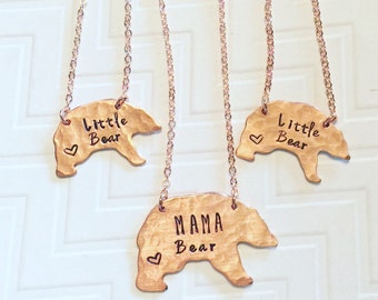 Mama Bear Little Bear Necklace Set - Hand Stamped - Mothers Day Gift - Gift For Her - Gift For Mom - Copper Bear - Heart