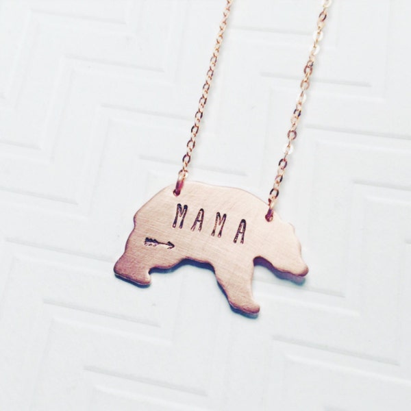 Mama Bear Necklace - Hand Stamped Necklace - Gift For Mom - Gift For Her - Mothers Day Gift - Copper Rose Gold - Arrow