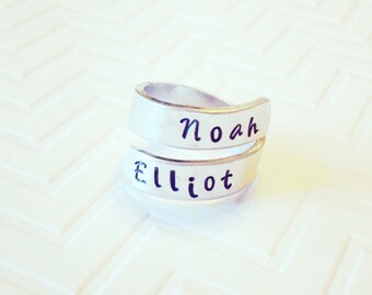 Mother Ring - Silver Wrap Ring - Name Ring - Hand Stamped Ring - Personalized Ring - Gift For Her - Gift For Mom - Script Font