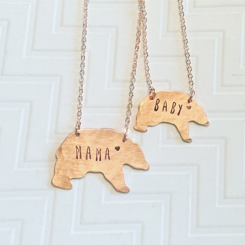 Mama Bear Baby Bear Necklace Set Personalized Necklace Mothers Day Gift Gift For Her Gift For Mom Copper Bear Heart image 1