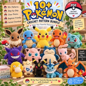 Puede incluir: Un anuncio digital para un paquete de 10+ patrones de ganchillo de Pokemon con varios personajes tejidos, incluyendo Pikachu, Eevee, Squirtle, Charmander, Bulbasaur, Gengar, Jigglypuff, Snorlax, Mew, Psyduck, Togepi, Umbreon, Vaporeon y Charizard.