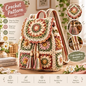 May include: A crochet backpack made of multi-colored granny squares in shades of cream, sage green, dusty pink, and mustard yellow. The bag features a flap with a scalloped edge, two drawstring tassels with wooden beads, and adjustable straps.