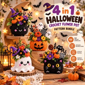 May include: A 4 in 1 Halloween crochet flower pot pattern bundle featuring four crocheted designs: a black cauldron with a purple hat, an orange jack-o'-lantern, a white ghost, and a black cat, all decorated with colourful flowers and foliage.