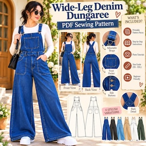 May include: A wide-leg denim dungaree PDF sewing pattern featuring adjustable straps, front pockets, and side buttons. The image displays a full-length view of the garment, technical line drawings, and detailed close-ups of construction elements.