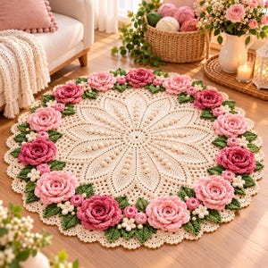 May include: A round, cream-colored crochet rug featuring a central intricate lace pattern with raised bobble stitches. The border is decorated with three-dimensional crocheted pink and dark rose flowers interspersed with green leaves.