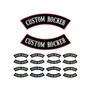 May include: A collection of curved embroidered patches featuring the text CUSTOM ROCKER in white lettering. The set includes two large patches with red borders and twelve smaller patches in various border colors including black, red, green, and blue.