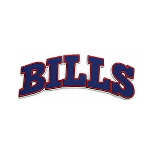 May include: An embroidered patch featuring the word BILLS in a bold, arched, dark blue font with a thick red outline and a thin white border. The letters are connected in a continuous, curved design, creating a structured, fabric-based emblem.