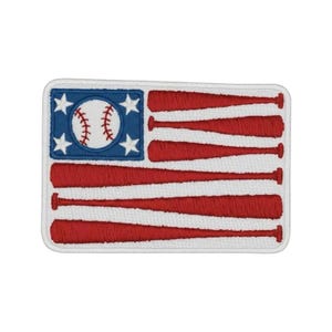 May include: A rectangular embroidered patch featuring a baseball-themed flag design. A blue canton contains a white baseball with red stitching surrounded by four white stars. The stripes are formed by six horizontal red baseball bats.