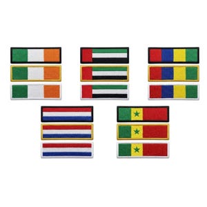 May include: A collection of rectangular embroidered flag patches featuring the national flags of Ireland, the United Arab Emirates, Mauritius, the Netherlands, and Senegal. Each flag design is presented in three distinct border styles.