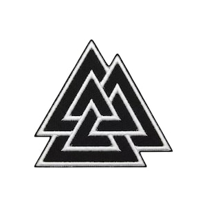 May include: A black and white embroidered patch featuring the Valknut symbol, which consists of three interlocking triangles. The design is rendered in high-contrast black thread with a crisp white border, creating a sharp, geometric aesthetic.