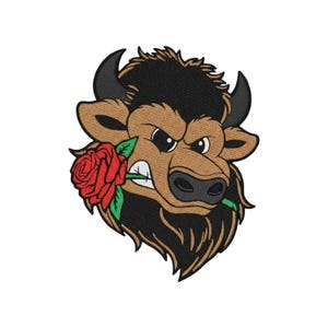 May include: An embroidered patch featuring the head of a brown and black bison with a determined expression. The bison is holding a vibrant red rose with green leaves and a stem in its mouth, rendered with detailed stitching and bold black outlines.