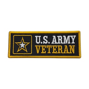 May include: A rectangular embroidered patch with a black background and a gold border. On the left is a white star outlined in gold. To the right, the text U.S. ARMY is embroidered in white, with the word VETERAN embroidered in gold below it.
