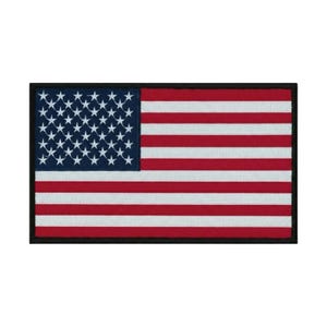 May include: A rectangular embroidered patch featuring the flag of the United States of America. The design includes a dark blue canton with white stars and alternating horizontal red and white stripes, all enclosed by a thick black border.