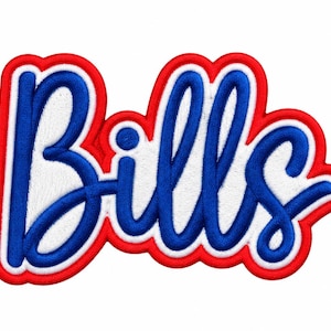 Puede incluir: Un parche bordado que presenta la palabra Bills en una fuente cursiva azul. Las letras están sobre un fondo blanco con un borde rojo grueso, creando un efecto de capas con secciones de colores azul, blanco y rojo claramente definidas.