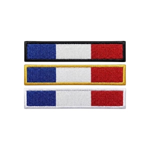 May include: Three rectangular embroidered patches featuring a horizontal tricolor design of blue, white, and red. The top patch has a black border, the middle patch has a gold border, and the bottom patch has a white border.
