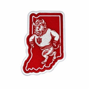 May include: A red and white embroidered patch shaped like the state of Indiana. The patch features a white bison mascot wearing a white sweater with a red IU logo on the chest, centred against a solid red background with a white border.