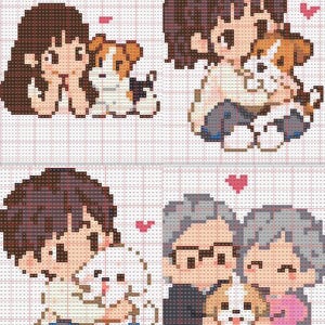 May include: A cross-stitch pattern featuring four distinct grid-based illustrations: a person with a dog, a person hugging a dog, a person holding a white dog, and an older couple with a small dog, all accented with small pink heart symbols.
