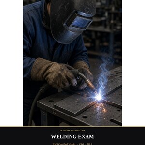 May include: A welder in a dark blue uniform and protective helmet uses a welding torch to join metal plates, creating bright sparks and smoke. The text reads: ULTIMATE WELDING LIST, WELDING EXAM, AWS Certified Welder, CWI, D1.1, WPS is law on the coupon, ACT, ENHANCED, PREP AND PASS.