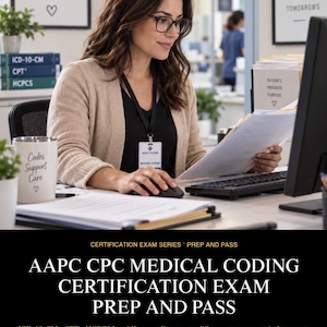 Può includere: Una guida di studio professionale intitolata AAPC CPC Medical Coding Certification Exam Prep and Pass, che include sezioni su ICD-10-CM, CPT, HCPCS Level II, conformità, modificatori, anatomia e rimborso, con riassunti e domande.