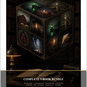 May include: A floating cube featuring nine distinct panels with imagery including a lighthouse, a bird, a red barn, a candle, a seashell, and a letter A. Below, a book rests on a desk with text reading: ULTIMATE HIGH SCHOOL READING LIST COMPLETE 9-BOOK BUNDLE.