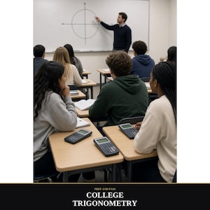 Könnte beinhalten: Ein Klassenzimmer mit Schülern an Tischen, die schwarze wissenschaftliche Taschenrechner benutzen, während ein Lehrer an einer Tafel einen Kreis zeichnet. Der Text lautet: PREP AND PASS COLLEGE TRIGONOMETRY Inverses identities polar triangles.
