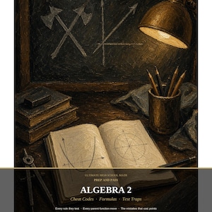 May include: An Algebra 2 study guide book titled Ultimate High School Math Prep and Pass with a cover featuring a dark, textured painting of a desk with a chalkboard, a lamp, books, a compass, and an open book displaying math graphs.