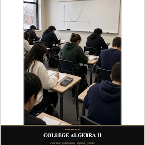 May include: A classroom setting with students at desks, a whiteboard displaying a parabola graph, and text reading PREP AND PASS COLLEGE ALGEBRA II Functions polynomials exp/log systems Assumes Algebra I fluency confirm conics ACT ENHANCED PREP AND PASS.